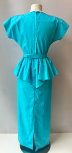 1980s Vintage Aqua Peplum Maxi Dress, Size: S