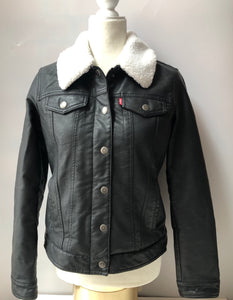 Pre-Owned Levis Faux Leather/ Sherpa Lined Trucker Jacket, Women’s Size Small