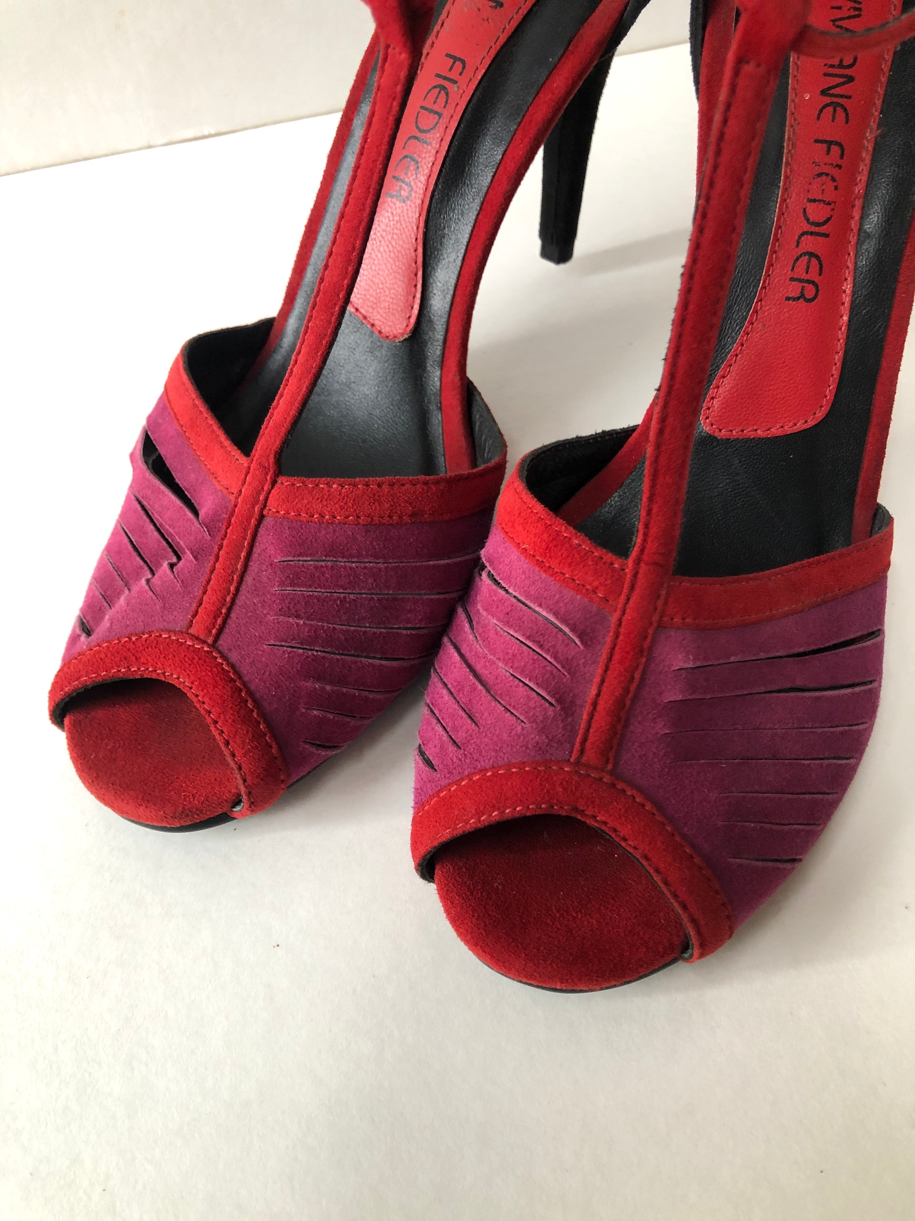 1990’s Peruvian Made Vivian Fiedler Three Tone Suede T-Strap Heels, Size 8