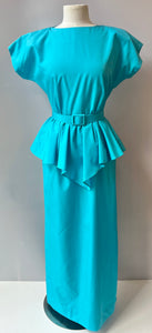 1980s Vintage Aqua Peplum Maxi Dress, Size: S