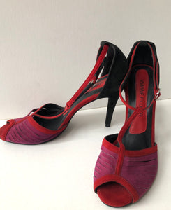 1990’s Peruvian Made Vivian Fiedler Three Tone Suede T-Strap Heels, Size 8