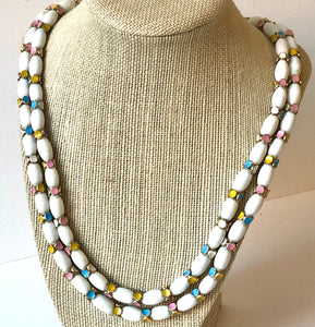 Vintage 1960’s Double Strand Signed Crown Trifari Milk White Glass & Enamel Beaded Necklace