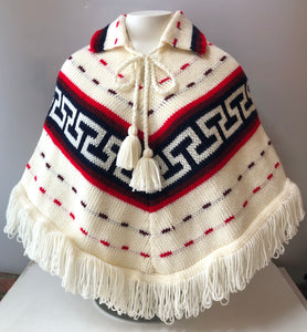 1970’s Hand Knit Fringe Collared Poncho, One Size