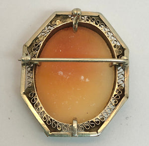 Vintage 14K Gold Filigree Octagonal Carved Cameo Brooch