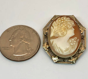 Vintage 14K Gold Filigree Octagonal Carved Cameo Brooch