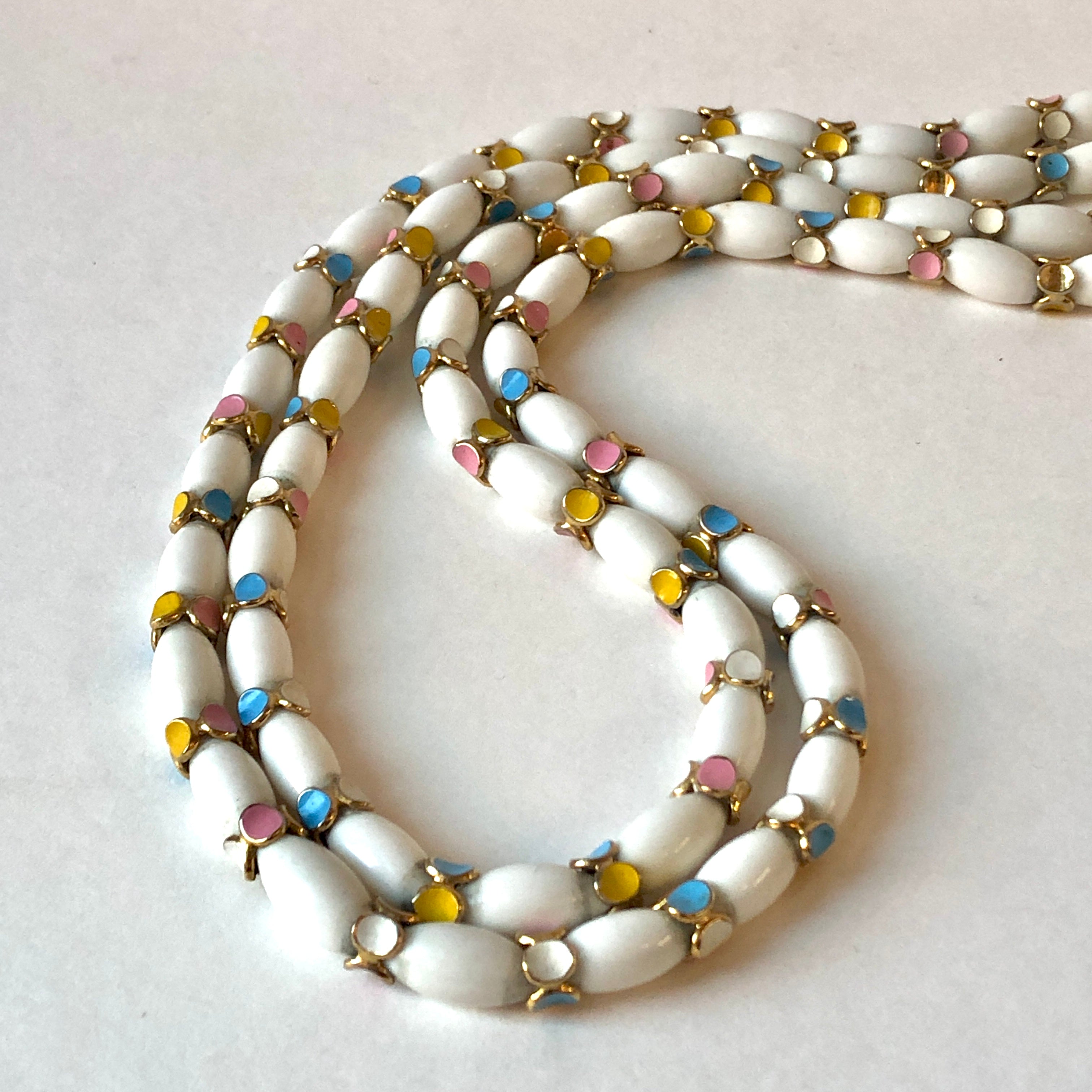 Vintage 1960’s Double Strand Signed Crown Trifari Milk White Glass & Enamel Beaded Necklace