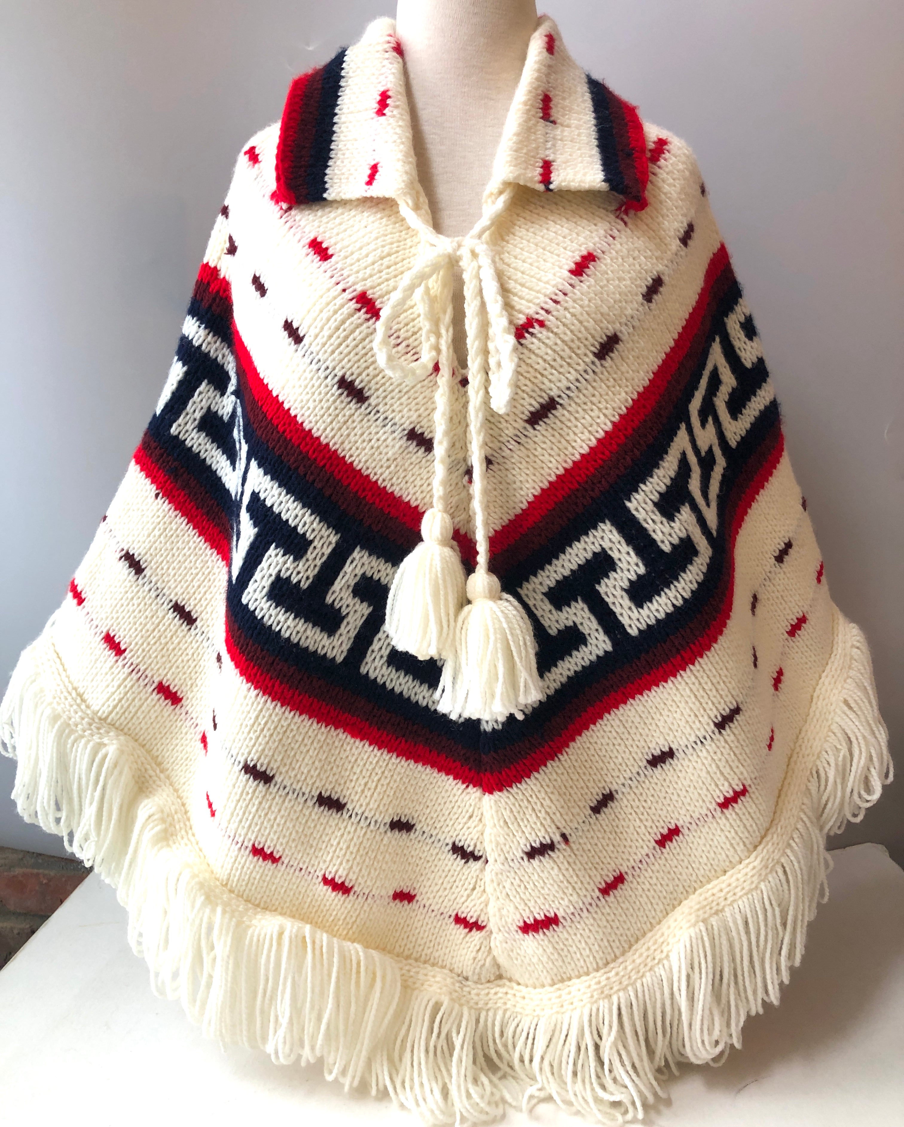 1970’s Hand Knit Fringe Collared Poncho, One Size