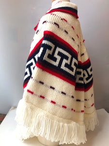 1970’s Hand Knit Fringe Collared Poncho, One Size