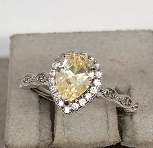 Sterling Plated Lemon Pear and Pave CZ Ring, Size 7.25