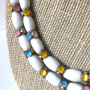 Vintage 1960’s Double Strand Signed Crown Trifari Milk White Glass & Enamel Beaded Necklace