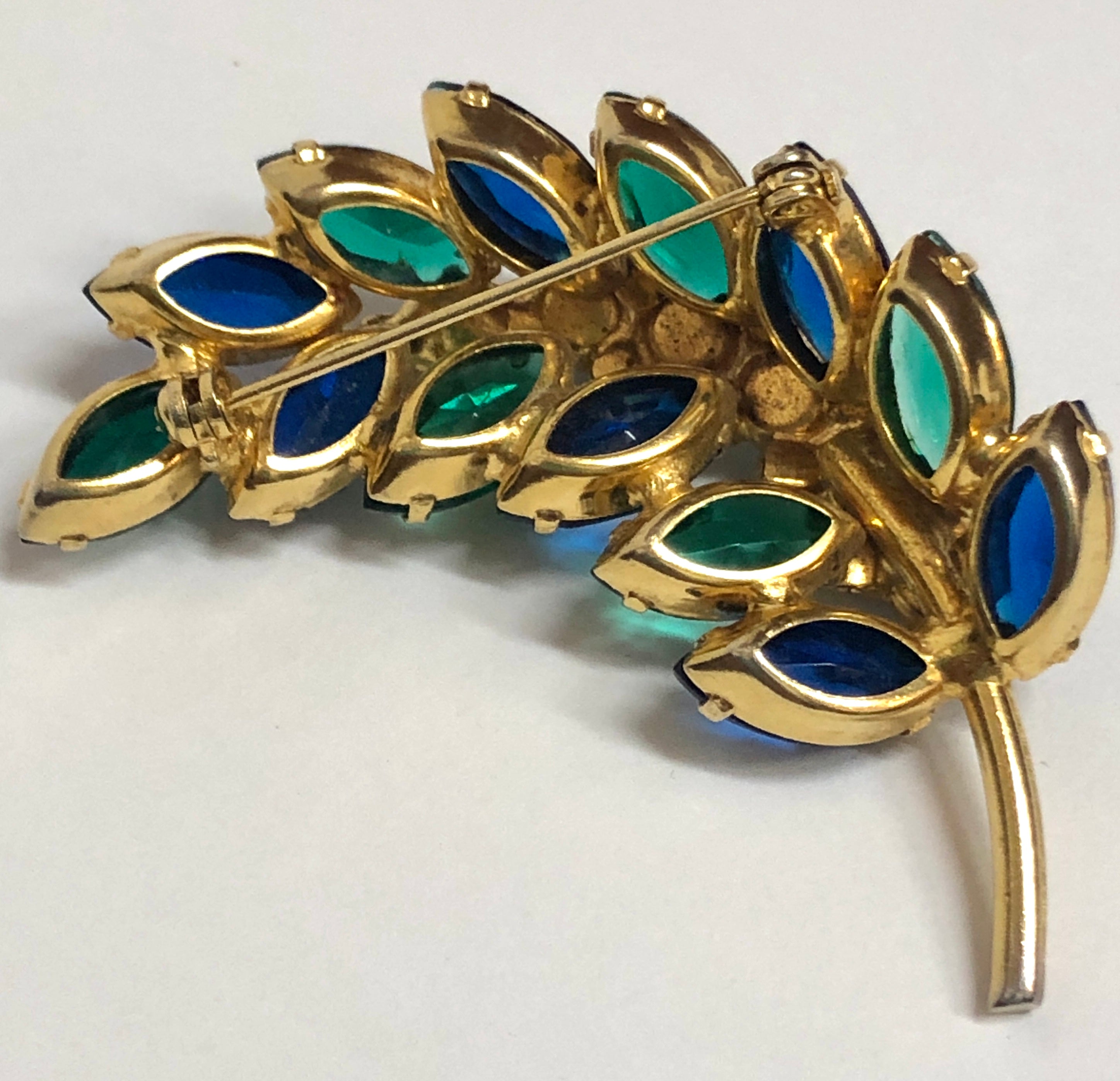 Vintage Mid Century Faceted Marquis Rhinestone Leaf Brooch