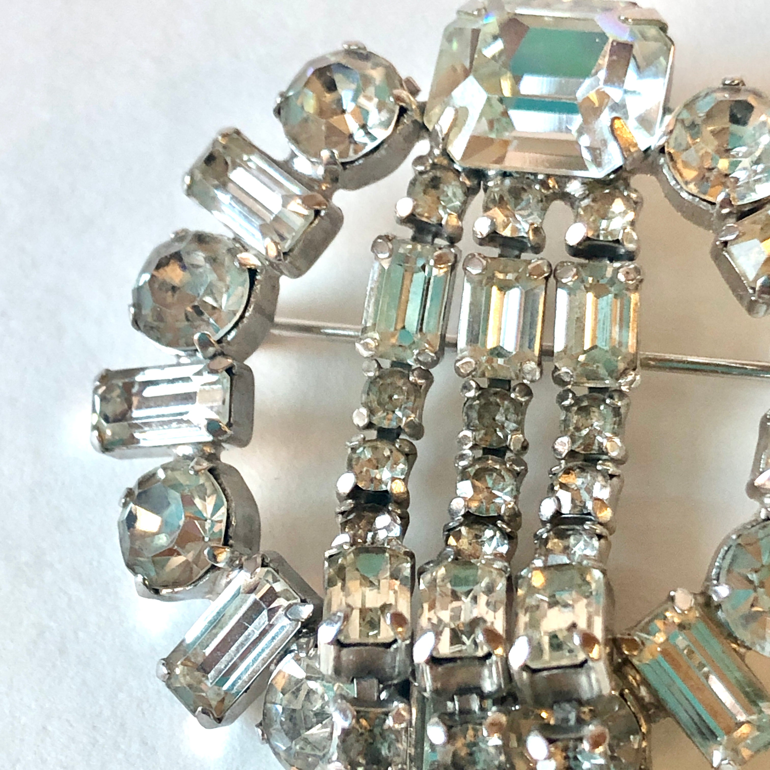 1950’s Signed Kramer of New York Rhinestone Brooch with Triple Rhinestone Dangles