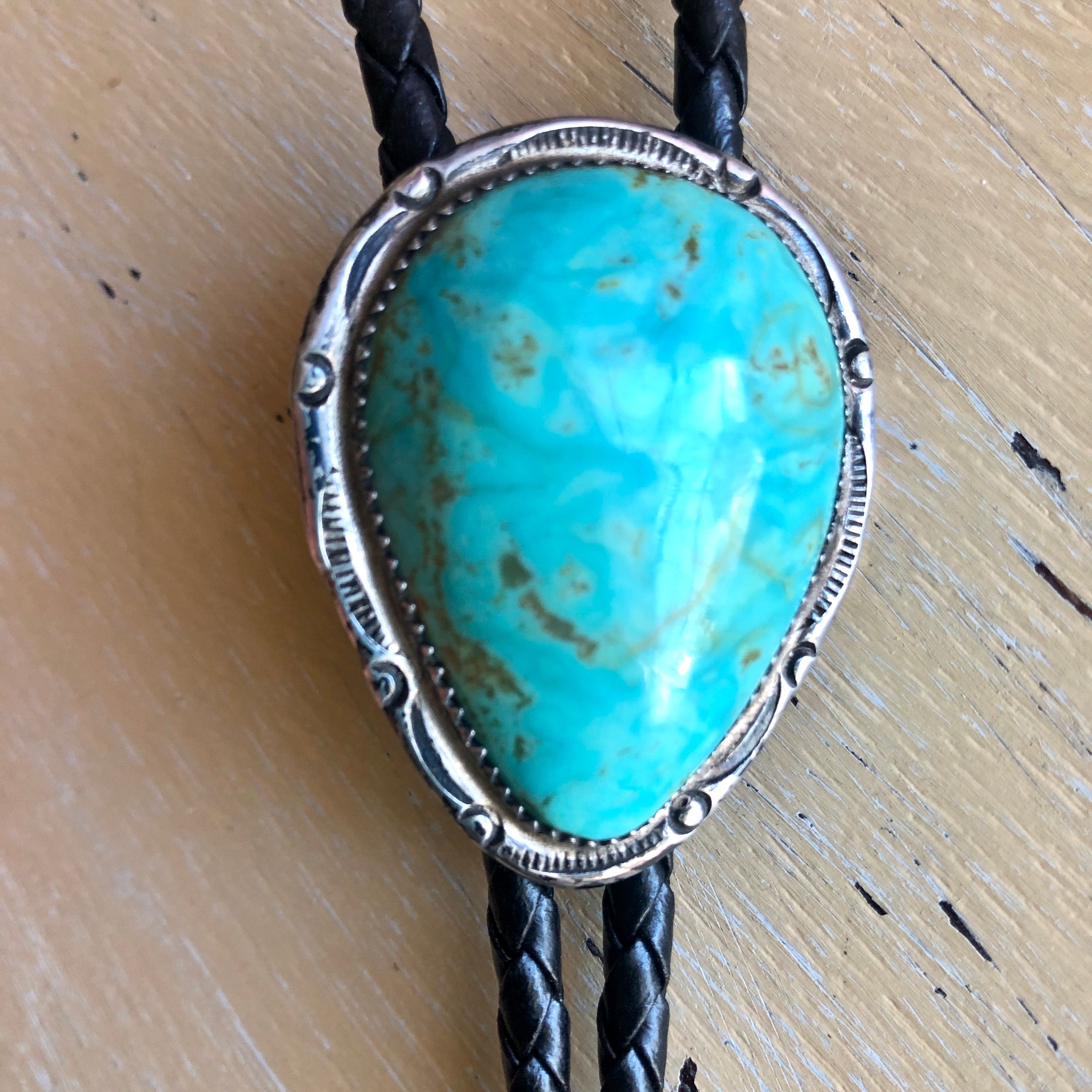 Vintage Navajo Sterling, Turquoise and Leather Bolo Tie