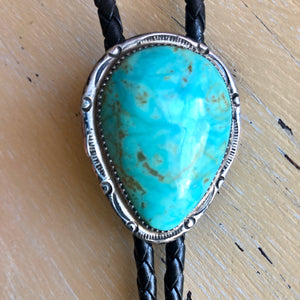 Vintage Navajo Sterling, Turquoise and Leather Bolo Tie