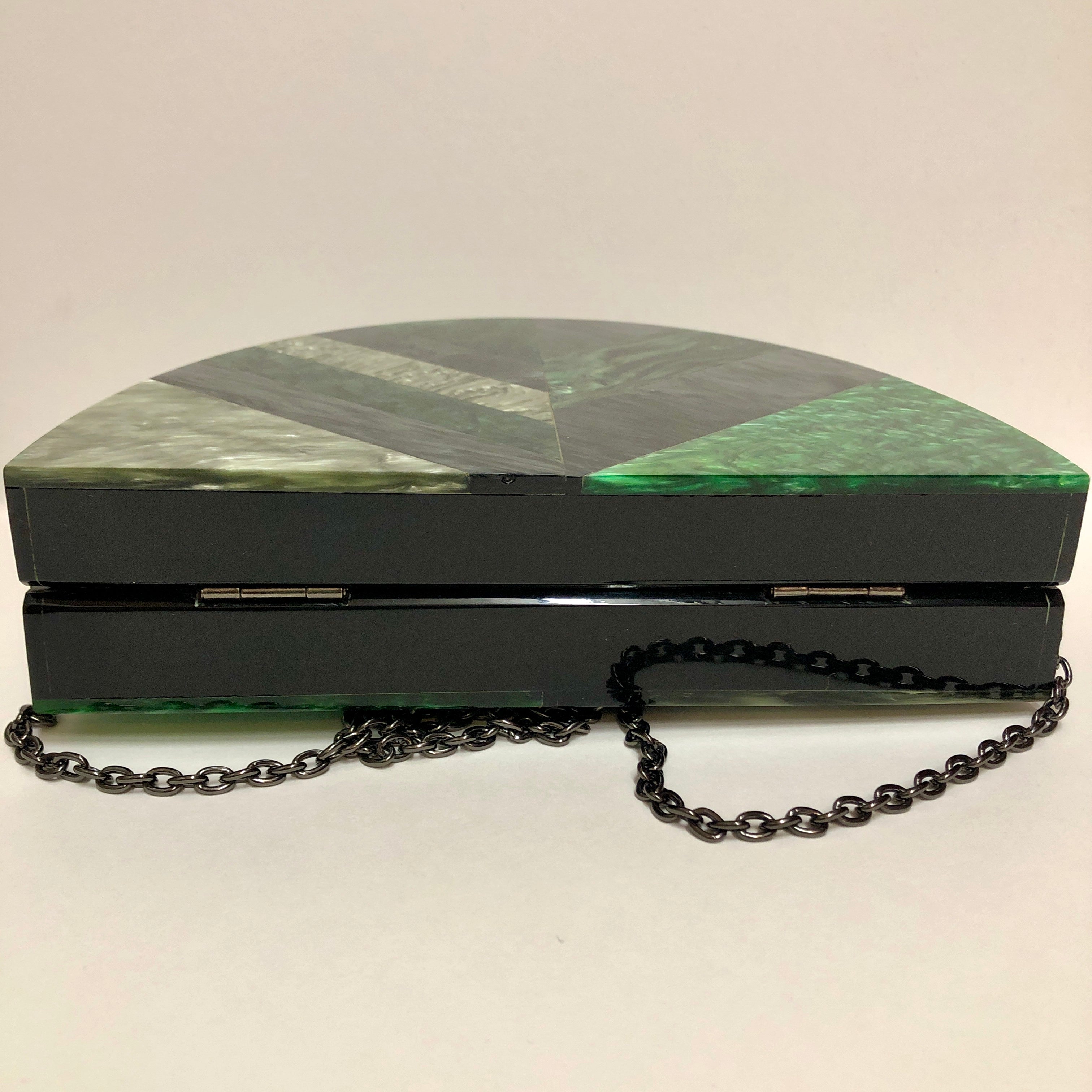 Green & Black Marbled Lucite Hinged Semi Circle Box Handbag with Chain